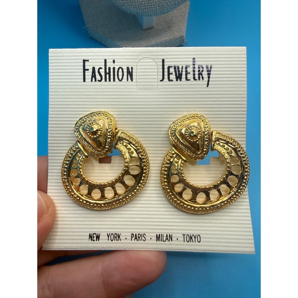 Vintage Gold Tone Door Knocker Clip On Earrings Textured Statement Jewelry